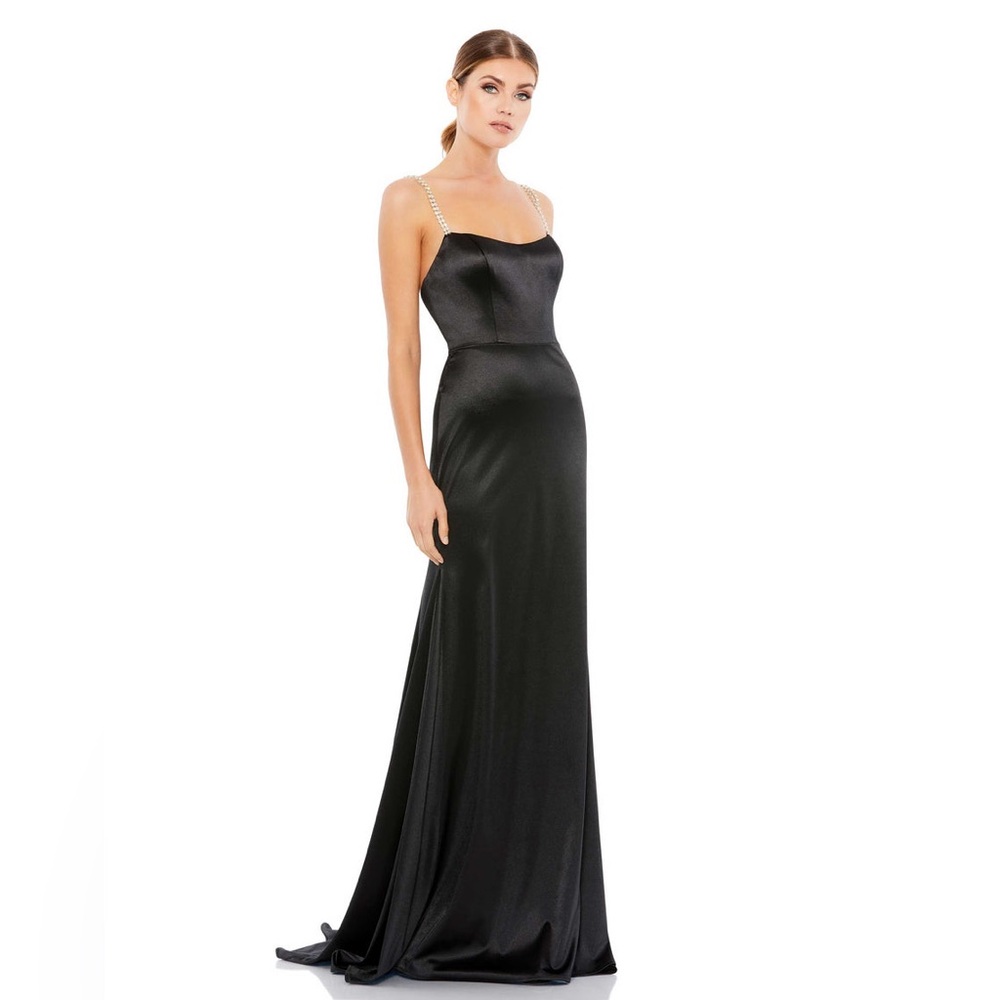 MAC DUGGAL CHARMEUSE RHINESTONE STRAP TRUMPET GOW